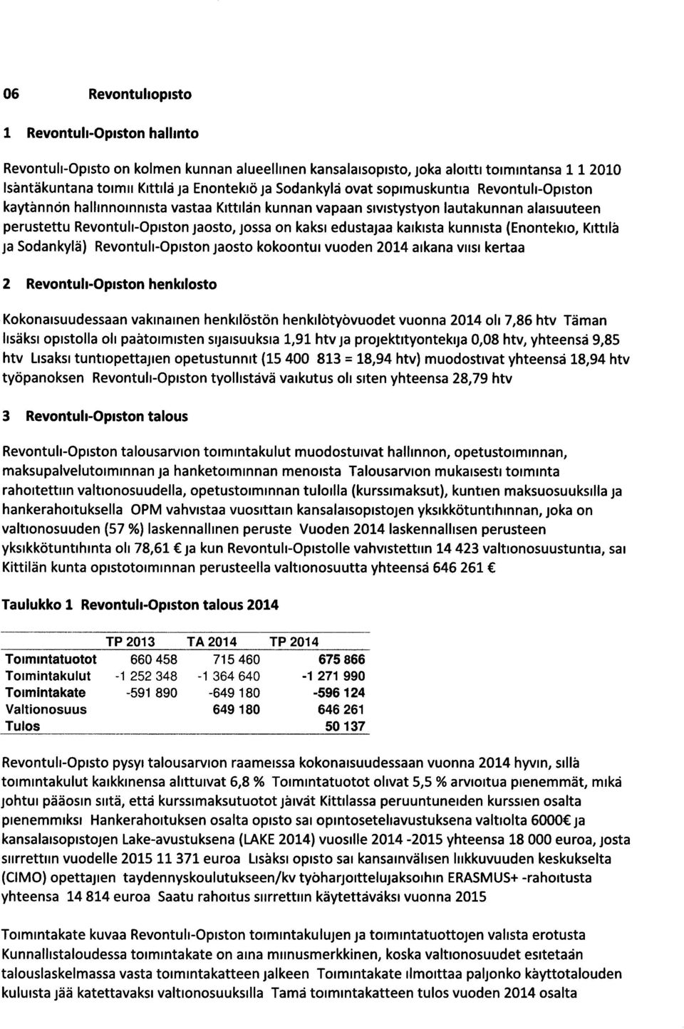 edustajaa kaikista kunnista (Enontekio, Kittilä ja Sodankylä ) Revontuli -Opiston jaosto kokoontui vuoden 2014 aikana viisi kertaa 2 Revontuli -Opiston henkdosto Kokonaisuudessaan vakinainen