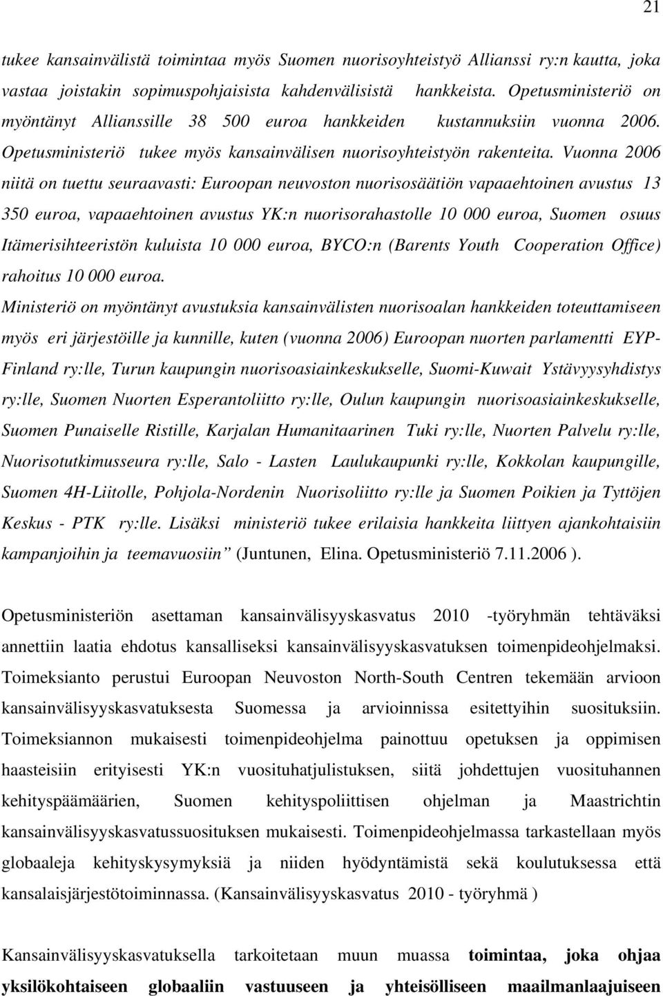 Vuonna 2006 niitä on tuettu seuraavasti: Euroopan neuvoston nuorisosäätiön vapaaehtoinen avustus 13 350 euroa, vapaaehtoinen avustus YK:n nuorisorahastolle 10 000 euroa, Suomen osuus