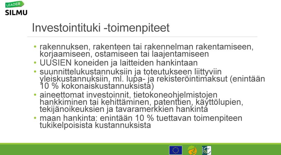 lupa- ja rekisteröintimaksut (enintään 10 % kokonaiskustannuksista) aineettomat investoinnit, tietokoneohjelmistojen hankkiminen tai