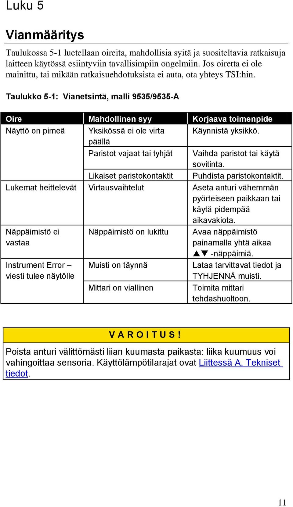 Taulukko 5-1: Vianetsintä, malli 9535/9535-A Oire Mahdollinen syy Korjaava toimenpide Näyttö on pimeä Yksikössä ei ole virta Käynnistä yksikkö.