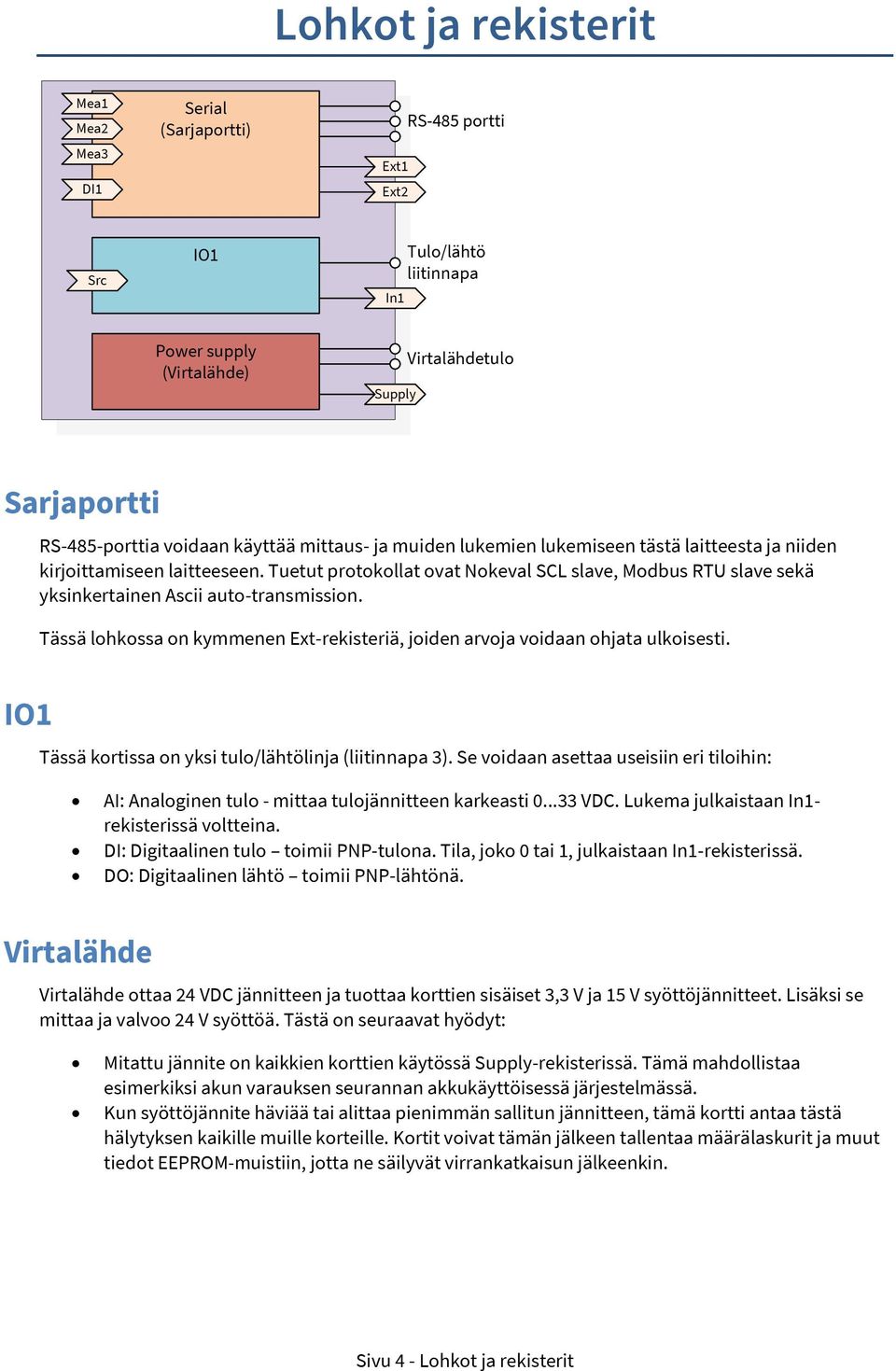 Tuetut protokollat ovat Nokeval SCL slave, Modbus RTU slave sekä yksinkertainen Ascii auto-transmission. Tässä lohkossa on kymmenen Ext-rekisteriä, joiden arvoja voidaan ohjata ulkoisesti.