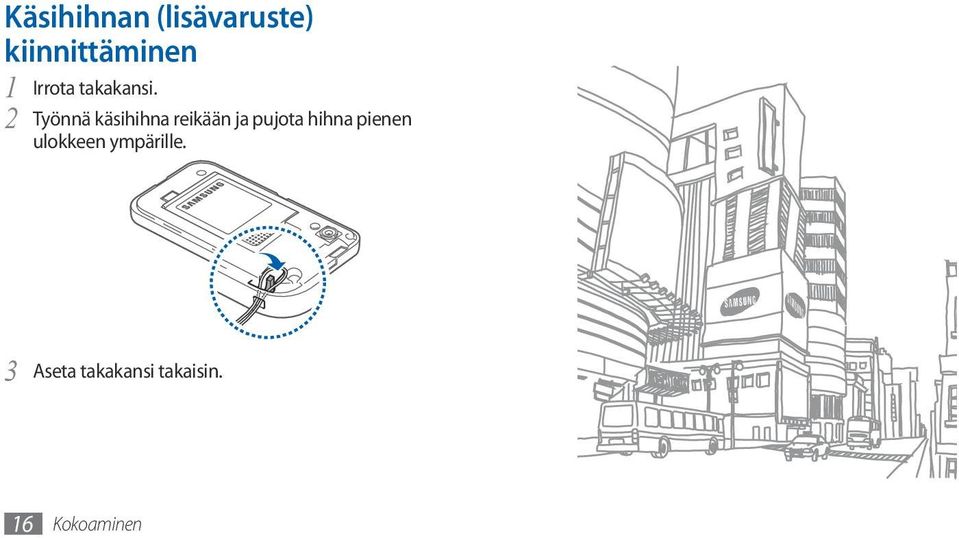 2 Työnnä käsihihna reikään ja pujota hihna