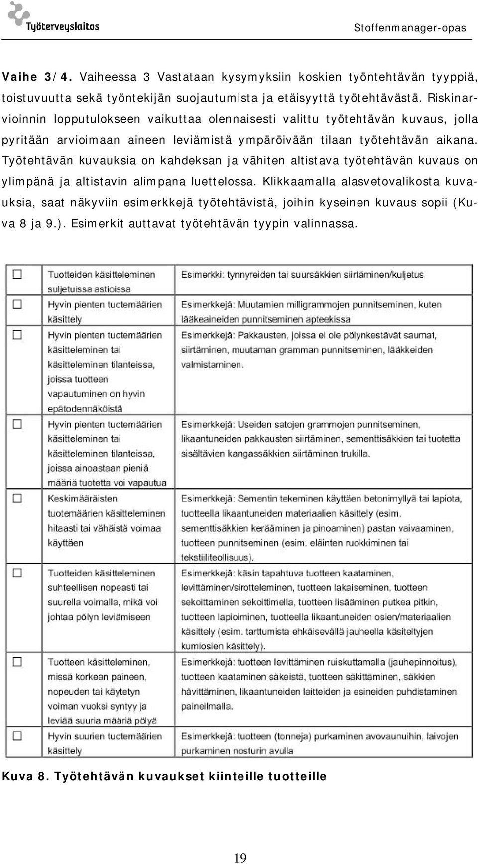 Työtehtävän kuvauksia on kahdeksan ja vähiten altistava työtehtävän kuvaus on ylimpänä ja altistavin alimpana luettelossa.