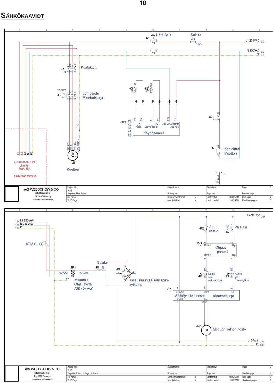 0VAC/50Hz Jännite -K / -K A A 9 5 Kontaktori Moottori x 400V AC + PE Jännite Max. 6A -M Moottori Asiakkaan toimitus / /4 / A/S WODSCHOW & CO Industrisvinget 6 DK-605 Broenby www.bearvarimixer.