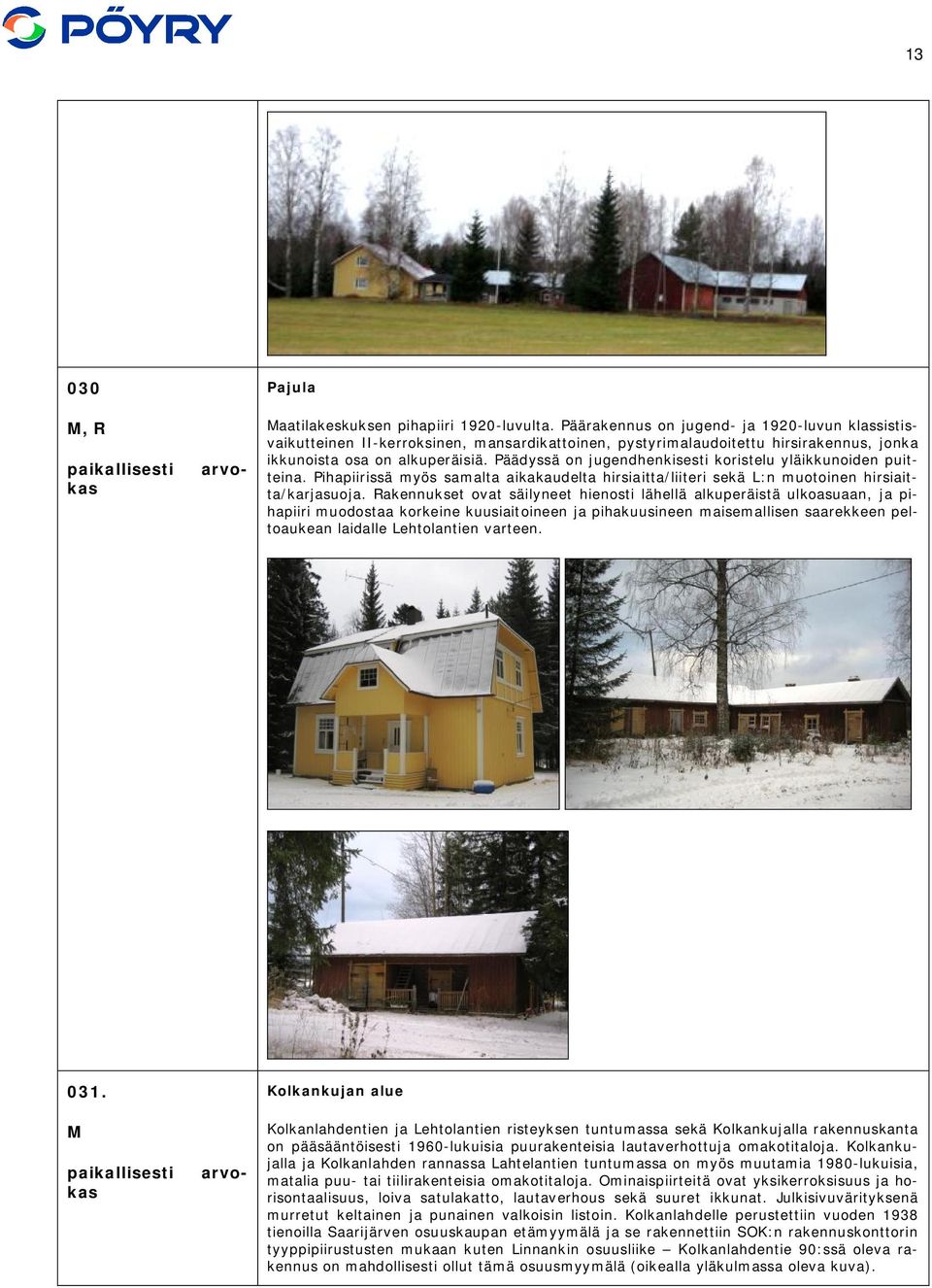 Päädyssä on jugendhenkisesti koristelu yläikkunoiden puitteina. Pihapiirissä myös samalta aikakaudelta hirsiaitta/liiteri sekä L:n muotoinen hirsiaitta/karjasuoja.