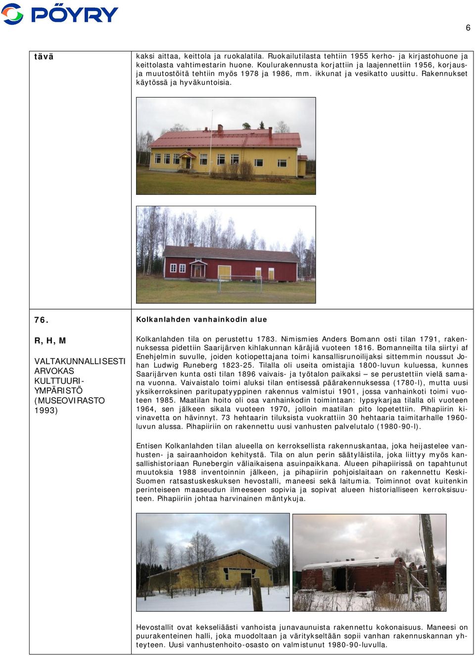 R, H, M VALTAKUNNALLISESTI ARVOKAS KULTTUURI- YMPÄRISTÖ (MUSEOVIRASTO 1993) Kolkanlahden vanhainkodin alue Kolkanlahden tila on perustettu 1783.