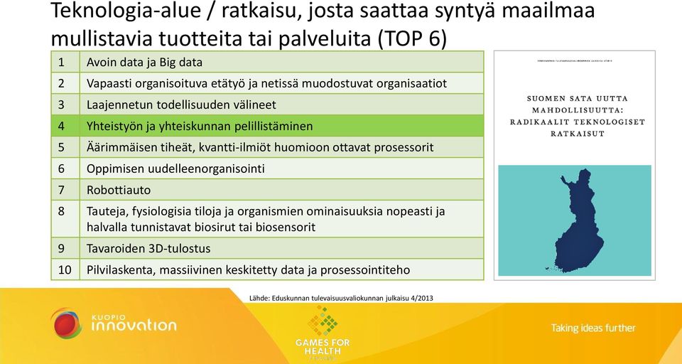 ottavat prosessorit 6 Oppimisen uudelleenorganisointi 7 Robottiauto 8 Tauteja, fysiologisia tiloja ja organismien ominaisuuksia nopeasti ja halvalla tunnistavat