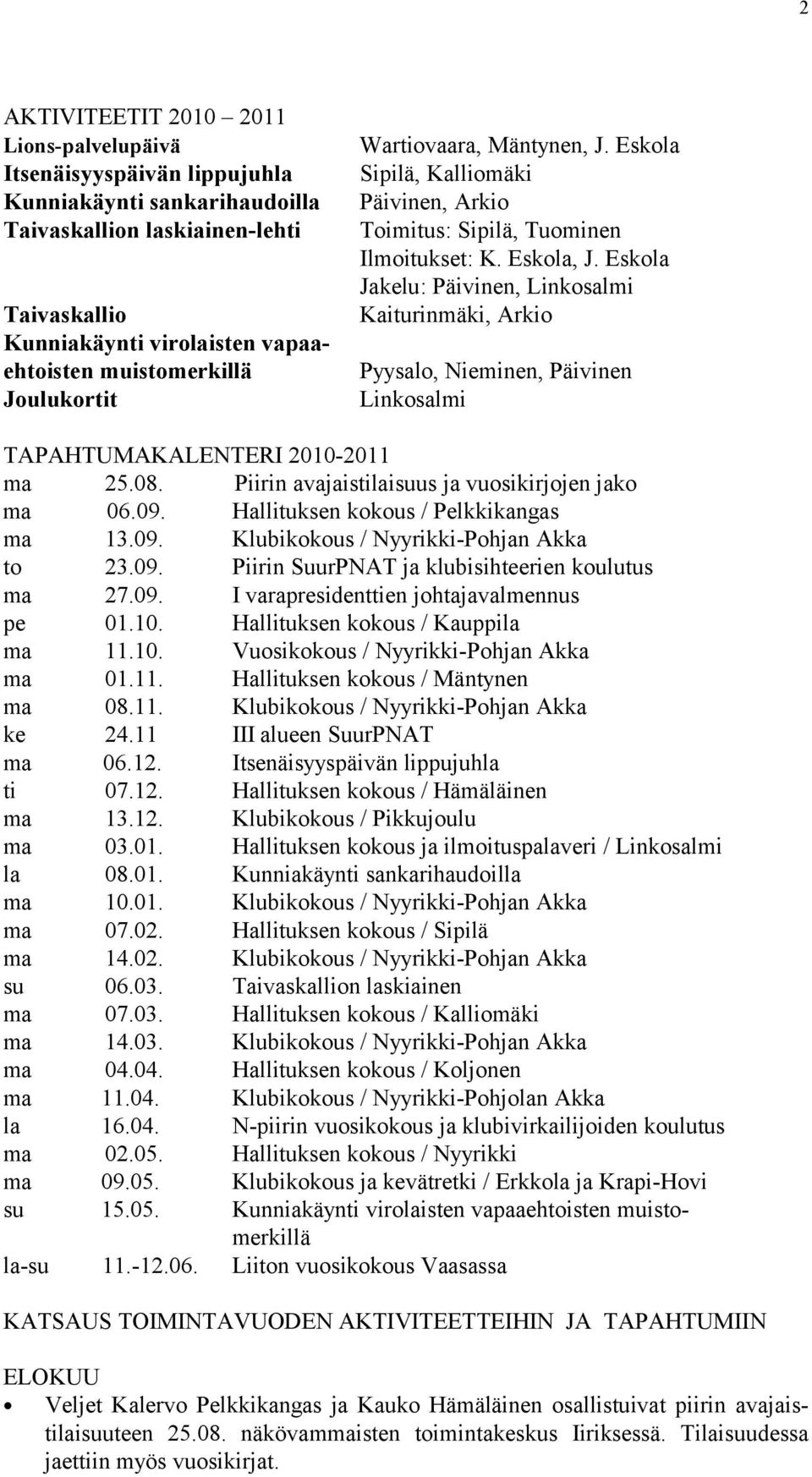 Eskola Jakelu: Päivinen, Linkosalmi Kaiturinmäki, Arkio Pyysalo, Nieminen, Päivinen Linkosalmi TAPAHTUMAKALENTERI 2010-2011 ma 25.08. Piirin avajaistilaisuus ja vuosikirjojen jako ma 06.09.