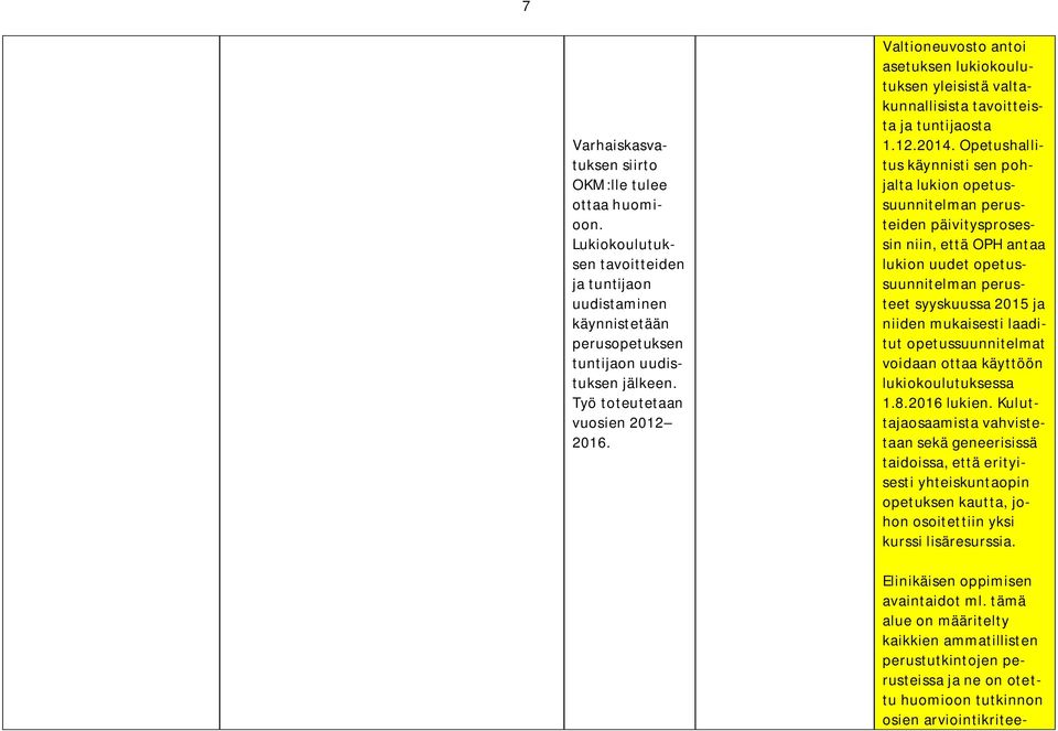 Opetushallitus käynnisti sen pohjalta lukion opetussuunnitelman perusteiden päivitysprosessin niin, että OPH antaa lukion uudet opetussuunnitelman perusteet syyskuussa 2015 ja niiden mukaisesti