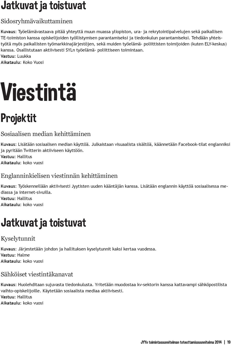 Osallistutaan aktiivisesti SYLn työelämä- poliittiseen toimintaan. Vastuu: Luukka Aikataulu: Koko Vuosi Viestintä Sosiaalisen median kehittäminen Kuvaus: Lisätään sosiaalisen median käyttöä.