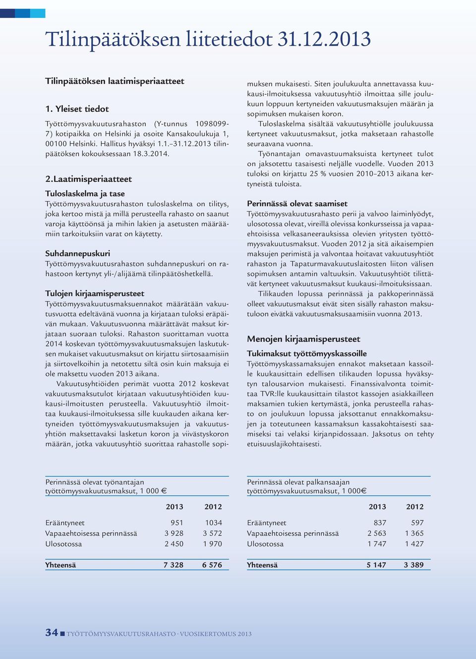 2.Laatimisperiaatteet Tuloslaskelma ja tase Työttömyysvakuutusrahaston tuloslaskelma on tilitys, joka kertoo mistä ja millä perusteella rahasto on saanut varoja käyttöönsä ja mihin lakien ja