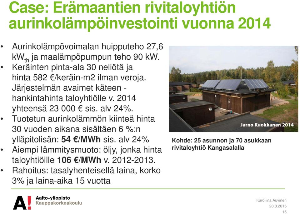 alv 24%. Tuotetun aurinkolämmön kiinteä hinta 30 vuoden aikana sisältäen 6 %:n ylläpitolisän: 54 /MWh sis.