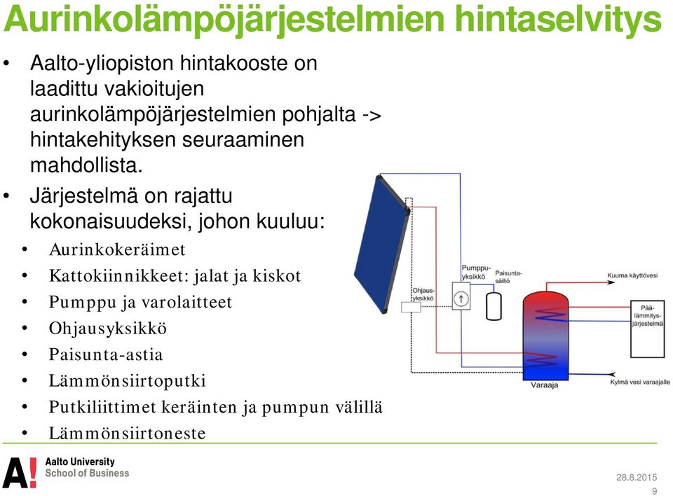 Järjestelmä on rajattu kokonaisuudeksi, johon kuuluu: Aurinkokeräimet Kattokiinnikkeet: jalat ja kiskot