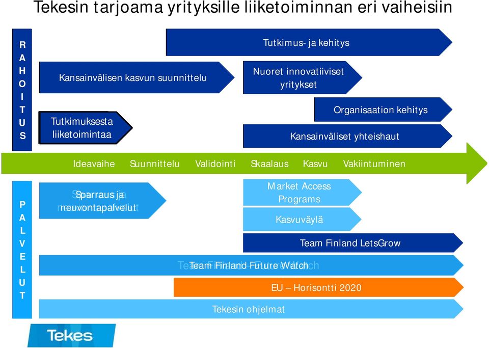 Organisaation kehitys Kansainväliset yhteishaut Ideavaihe Ideavaihe Suunnittelu Validointi Skaalaus Kasvu Vakiintuminen P A L V E L U