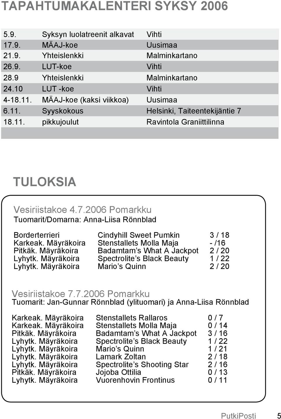 18.11. pikkujoulut Ravintola Graniittilinna Tuloksia Vesiriistakoe 4.7.2006 Pomarkku Tuomarit/Domarna: Anna-Liisa Rönnblad Borderterrieri Cindyhill Sweet Pumkin 3 / 18 Karkeak.