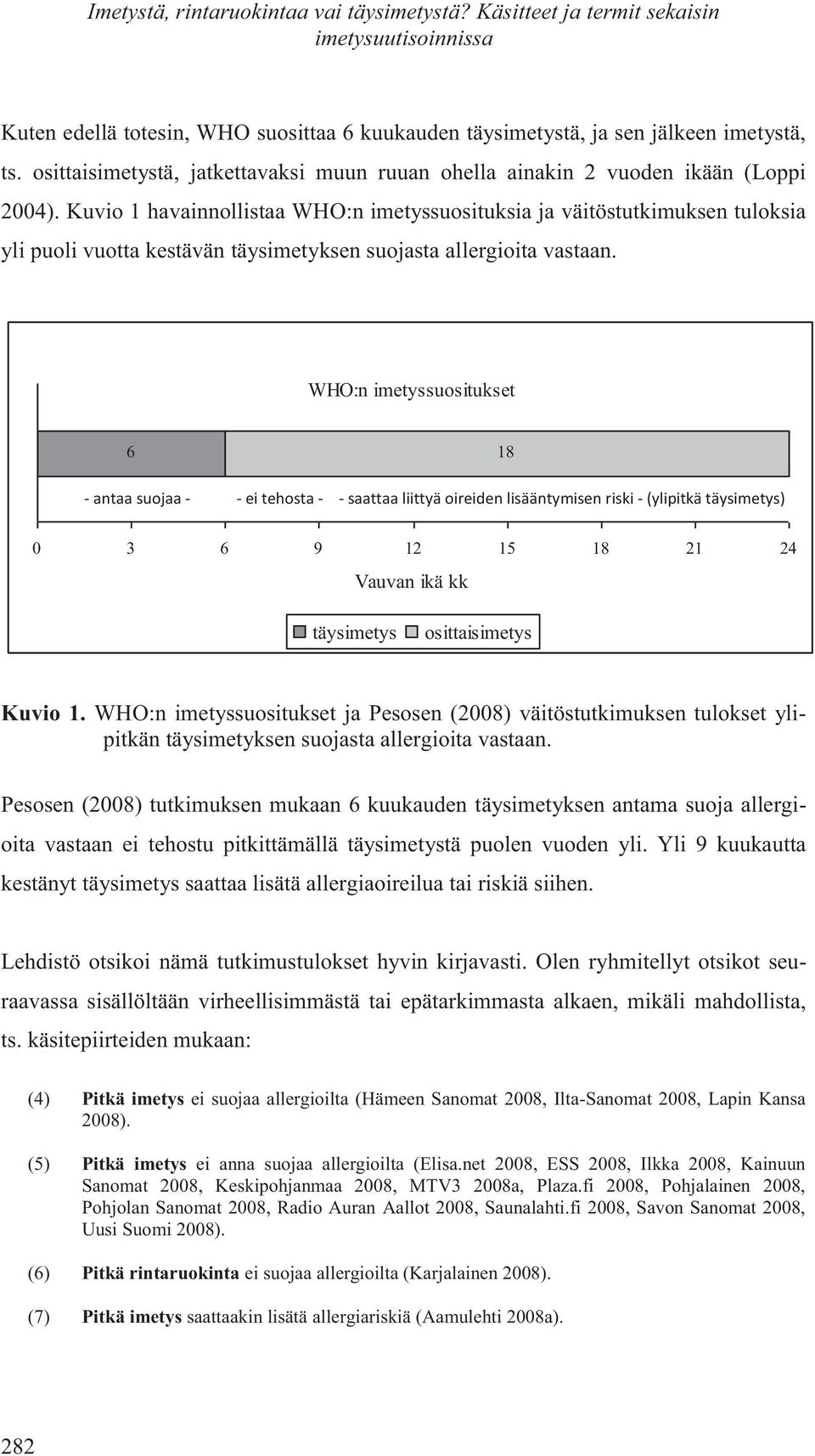 Kuvio 1 havainnollistaa WHO:n imetyssuosituksia ja väitöstutkimuksen tuloksia yli puoli vuotta kestävän täysimetyksen suojasta allergioita vastaan.