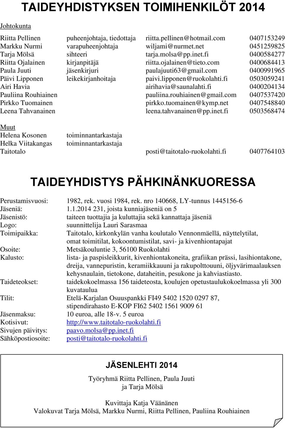 com 0400991965 Päivi Lipponen leikekirjanhoitaja paivi.lipponen@ruokolahti.fi 0503059241 Airi Havia airihavia@saunalahti.fi 0400204134 Pauliina Rouhiainen pauliina.rouhiainen@gmail.