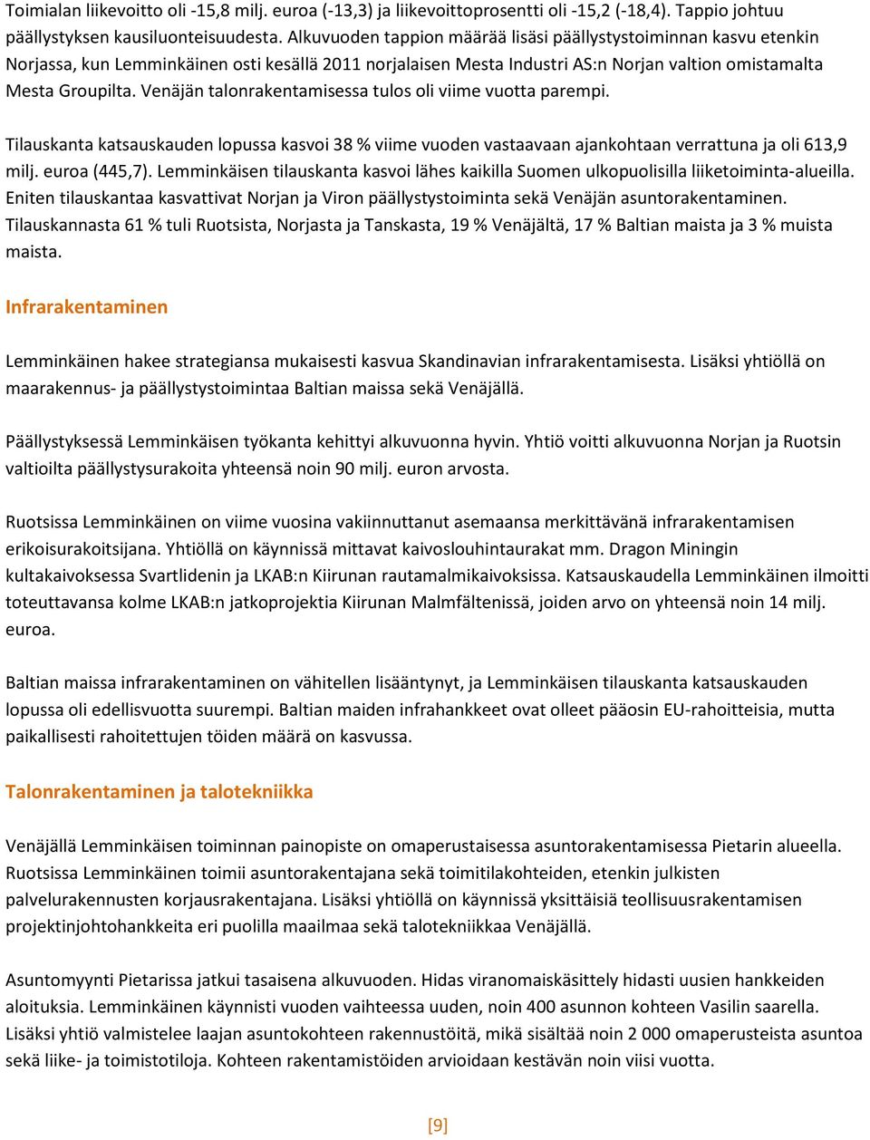 Venäjän talonrakentamisessa tulos oli viime vuotta parempi. Tilauskanta katsauskauden lopussa kasvoi 38 % viime vuoden vastaavaan ajankohtaan verrattuna ja oli 613,9 milj. euroa (445,7).