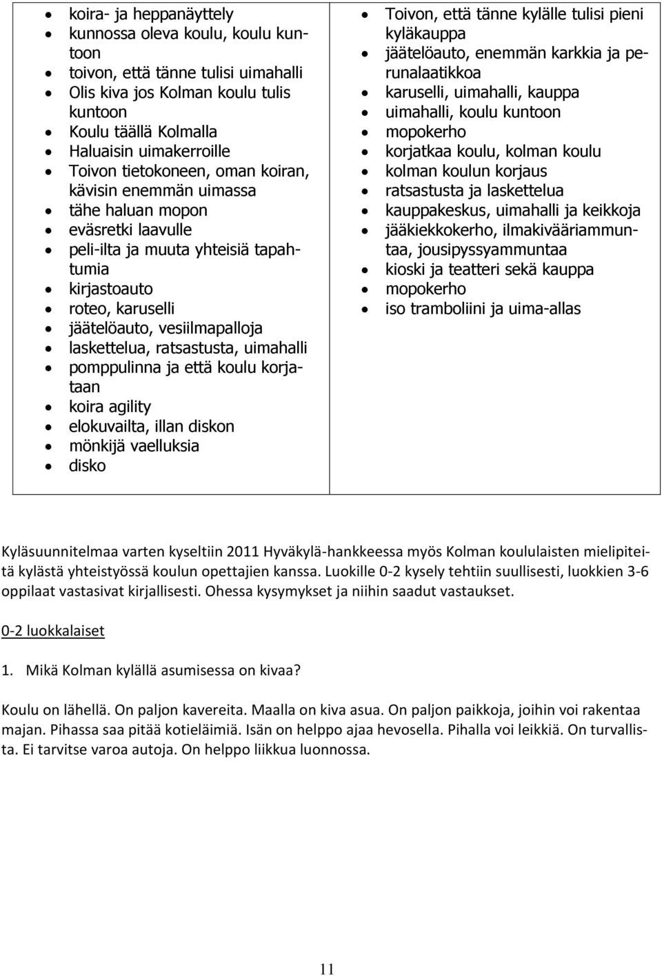 ratsastusta, uimahalli pomppulinna ja että koulu korjataan koira agility elokuvailta, illan diskon mönkijä vaelluksia disko Toivon, että tänne kylälle tulisi pieni kyläkauppa jäätelöauto, enemmän