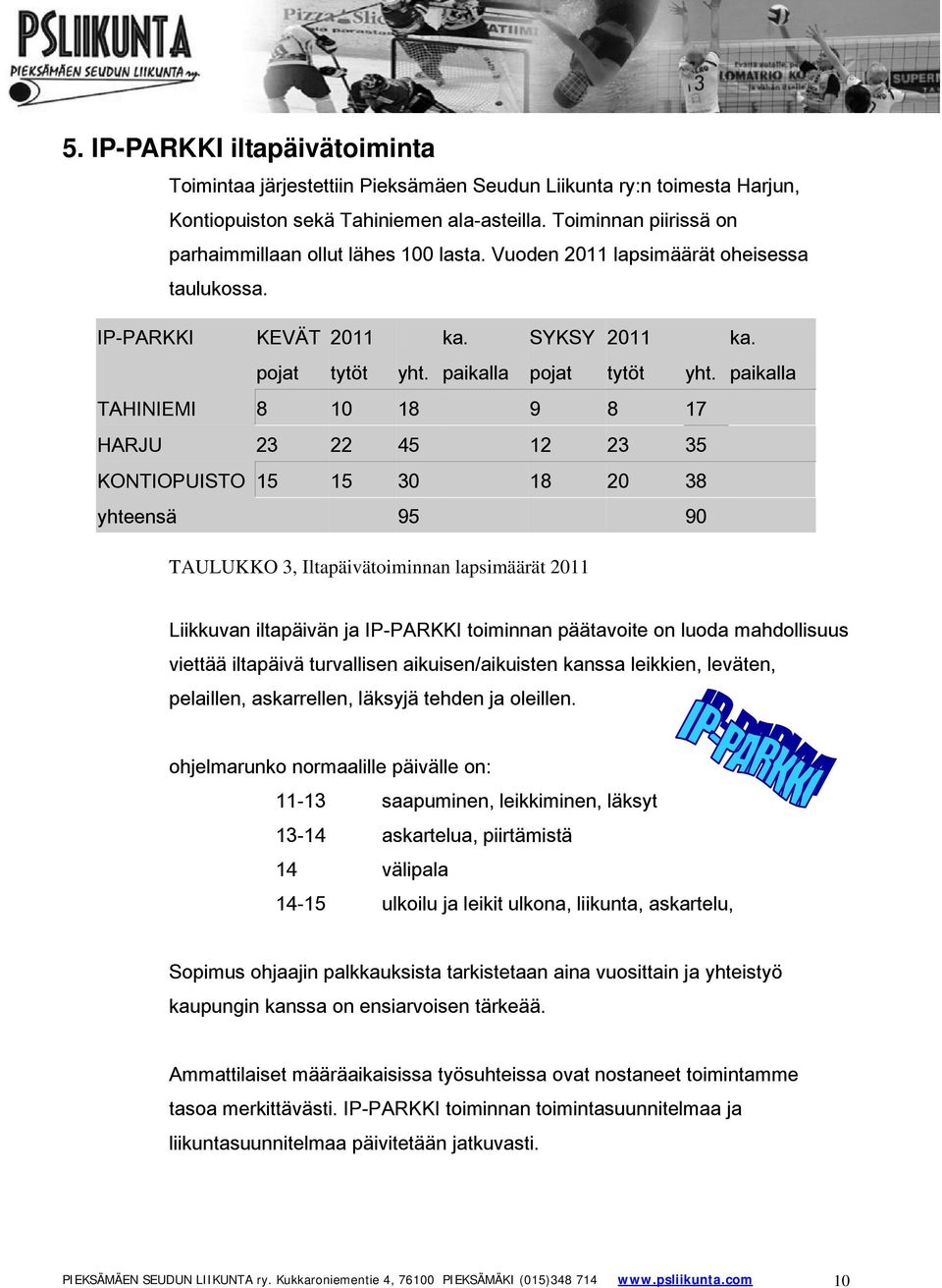 paikalla TAHINIEMI 8 10 18 9 8 17 HARJU 23 22 45 12 23 35 KONTIOPUISTO 15 15 30 18 20 38 yhteensä 95 90 TAULUKKO 3, Iltapäivätoiminnan lapsimäärät 2011 Liikkuvan iltapäivän ja IP-PARKKI toiminnan