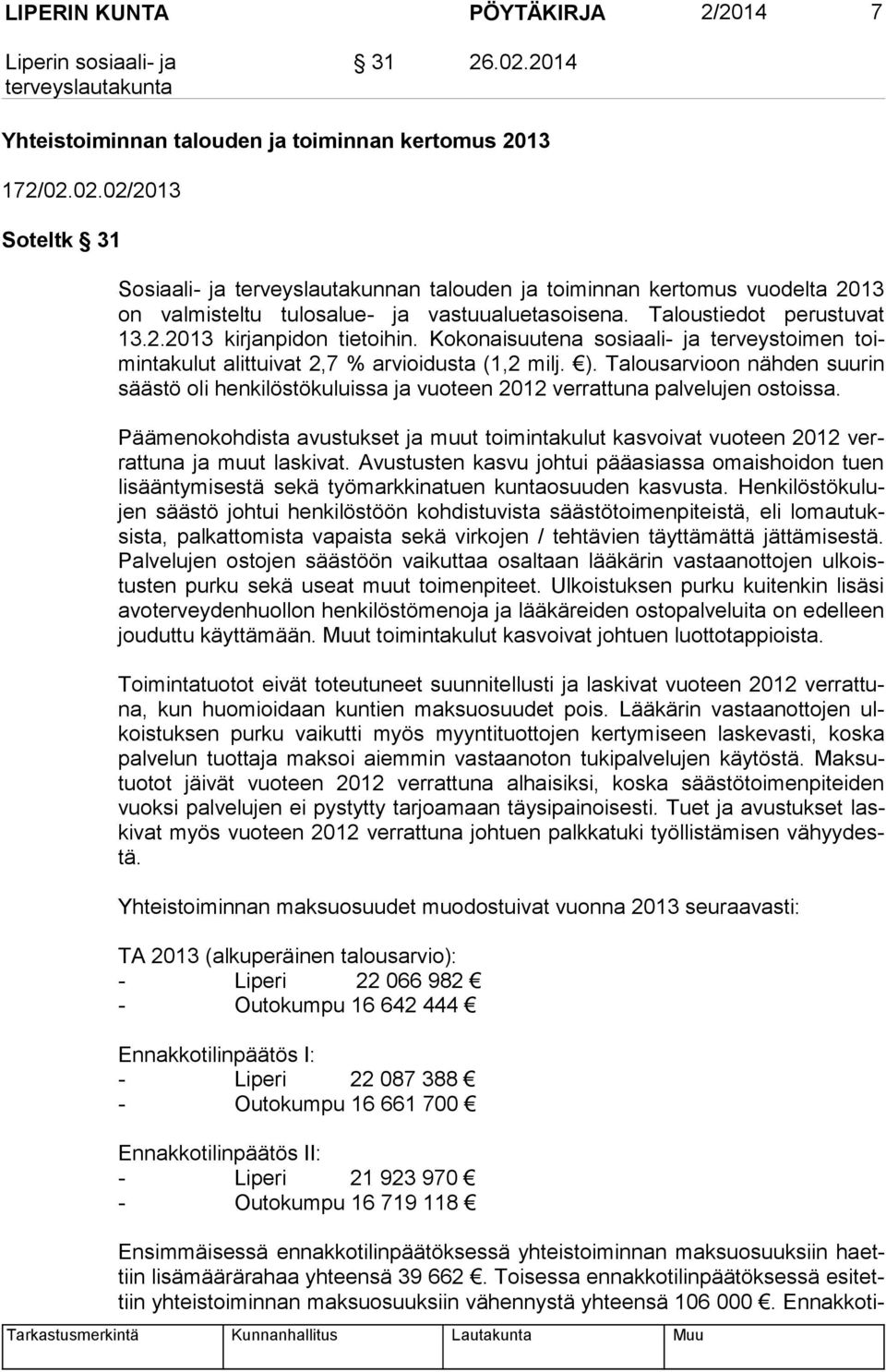 Talousarvioon nähden suurin sääs tö oli henkilöstökuluissa ja vuoteen 2012 verrattuna palvelujen ostoissa.