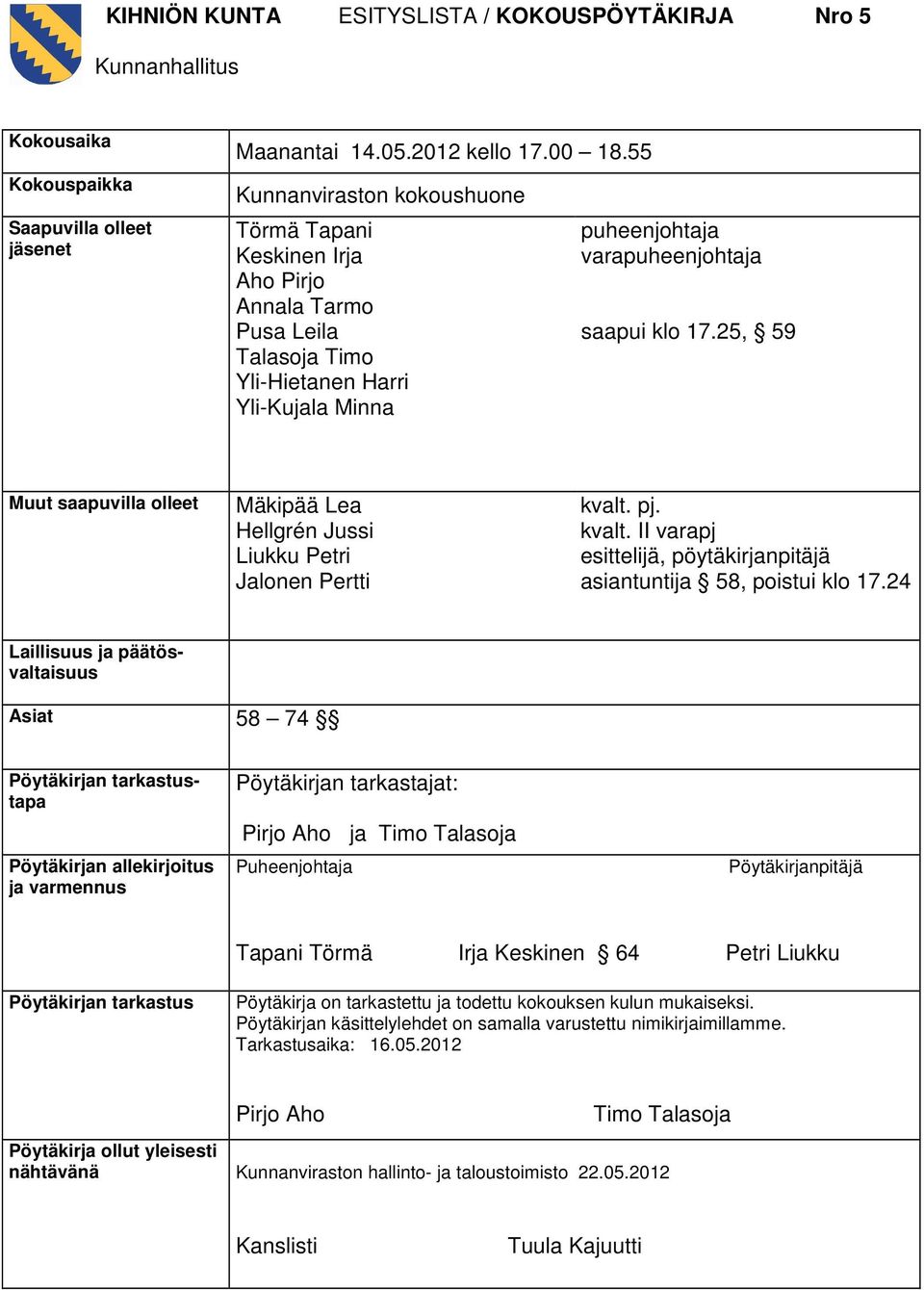 25, 59 Muut saapuvilla olleet Mäkipää Lea Hellgrén Jussi Liukku Petri Jalonen Pertti kvalt. pj. kvalt. II varapj esittelijä, pöytäkirjanpitäjä asiantuntija 58, poistui klo 17.