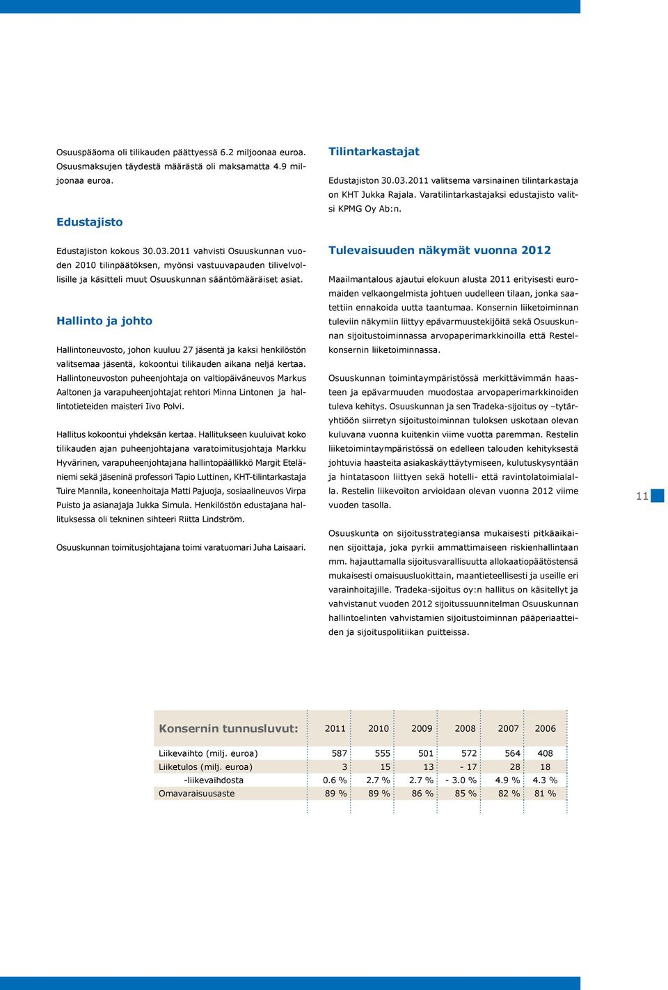 2011 vahvisti Osuuskunnan vuoden 2010 tilinpäätöksen, myönsi vastuuvapauden tilivelvollisille ja käsitteli muut Osuuskunnan sääntömääräiset asiat.