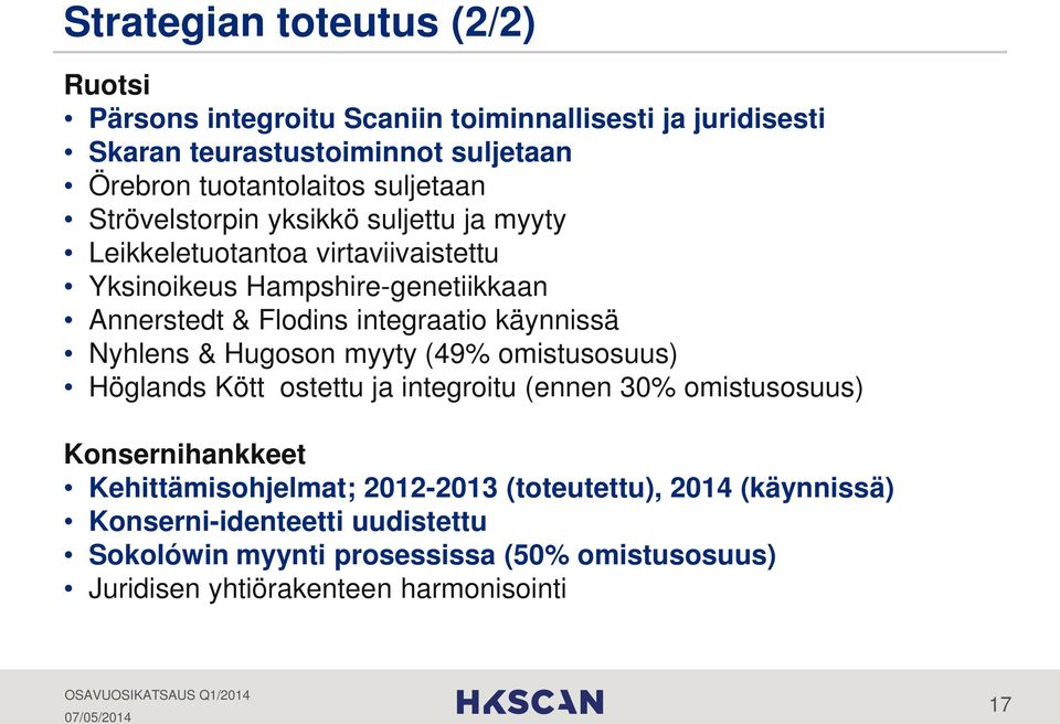 käynnissä Nyhlens & Hugoson myyty (49% omistusosuus) Höglands Kött ostettu ja integroitu (ennen 30% omistusosuus) Konsernihankkeet Kehittämisohjelmat;