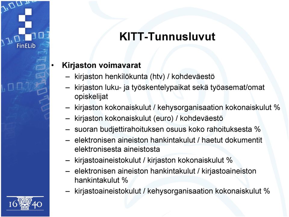 budjettirahoituksen osuus koko rahoituksesta % elektronisen aineiston hankintakulut / haetut dokumentit elektronisesta aineistosta