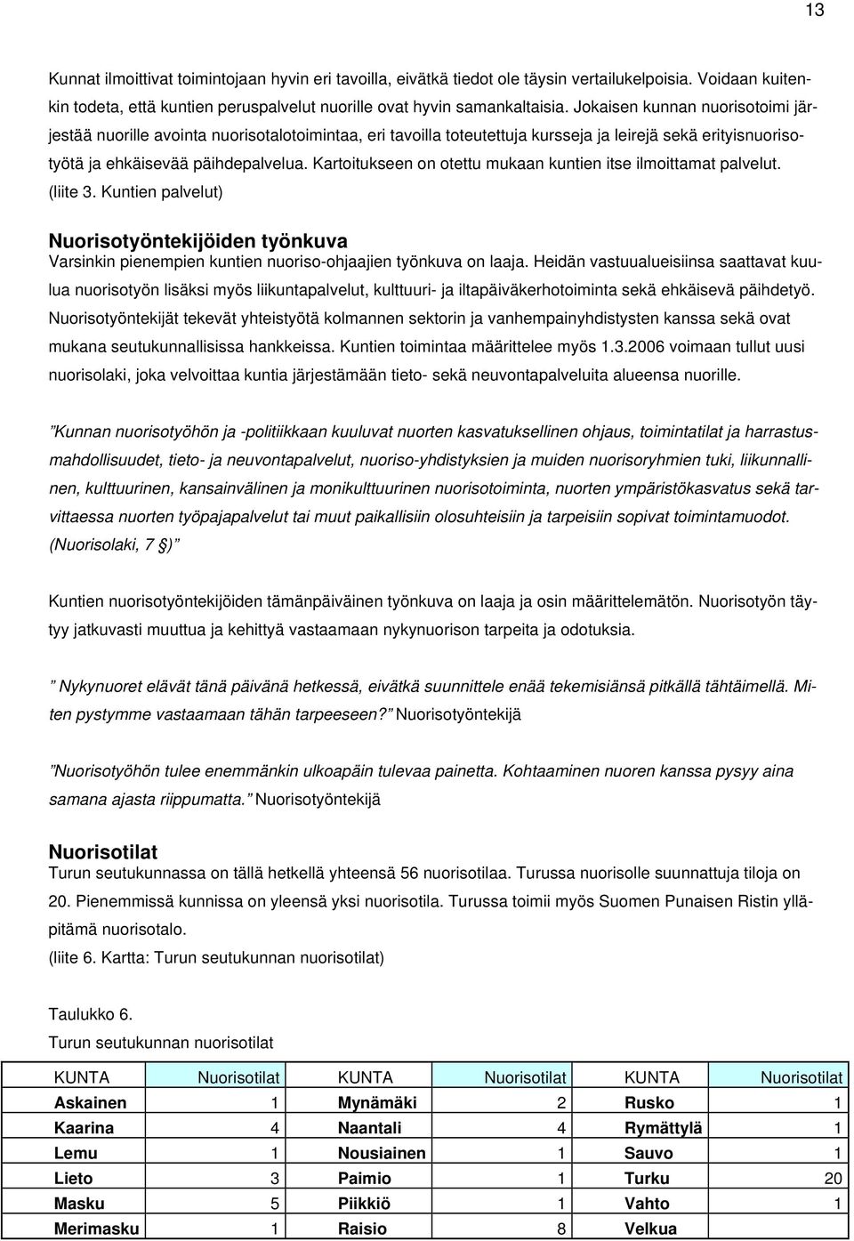 Kartoitukseen on otettu mukaan kuntien itse ilmoittamat palvelut. (liite 3. Kuntien palvelut) Nuorisotyöntekijöiden työnkuva Varsinkin pienempien kuntien nuorisoohjaajien työnkuva on laaja.