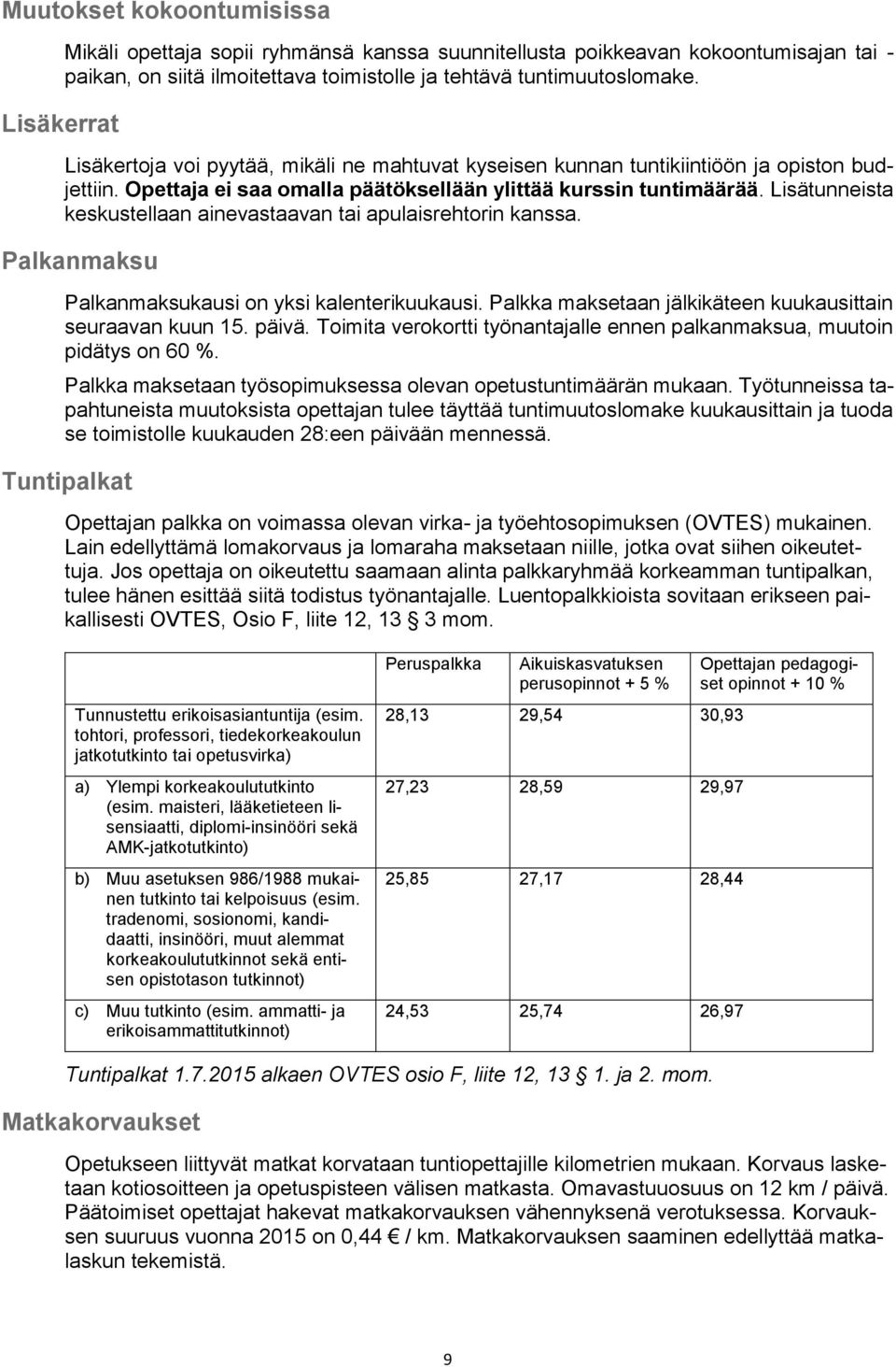 Lisätunneista keskustellaan ainevastaavan tai apulaisrehtorin kanssa. Palkanmaksu Palkanmaksukausi on yksi kalenterikuukausi. Palkka maksetaan jälkikäteen kuukausittain seuraavan kuun 15. päivä.