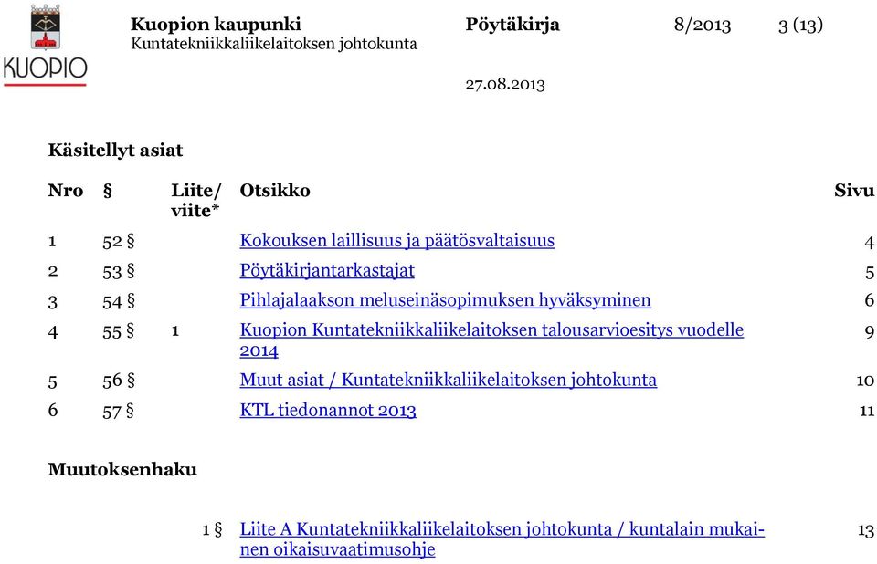 hyväksyminen 6 4 55 1 Kuopion Kuntatekniikkaliikelaitoksen talousarvioesitys vuodelle 2014 5 56 Muut