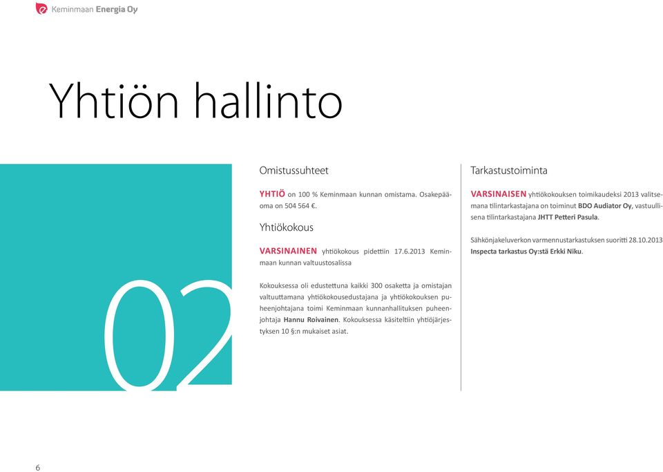 2013 Keminmaan kunnan valtuustosalissa Kokouksessa oli edustettuna kaikki 300 osaketta ja omistajan valtuuttamana yhtiökokousedustajana ja yhtiökokouksen puheenjohtajana toimi