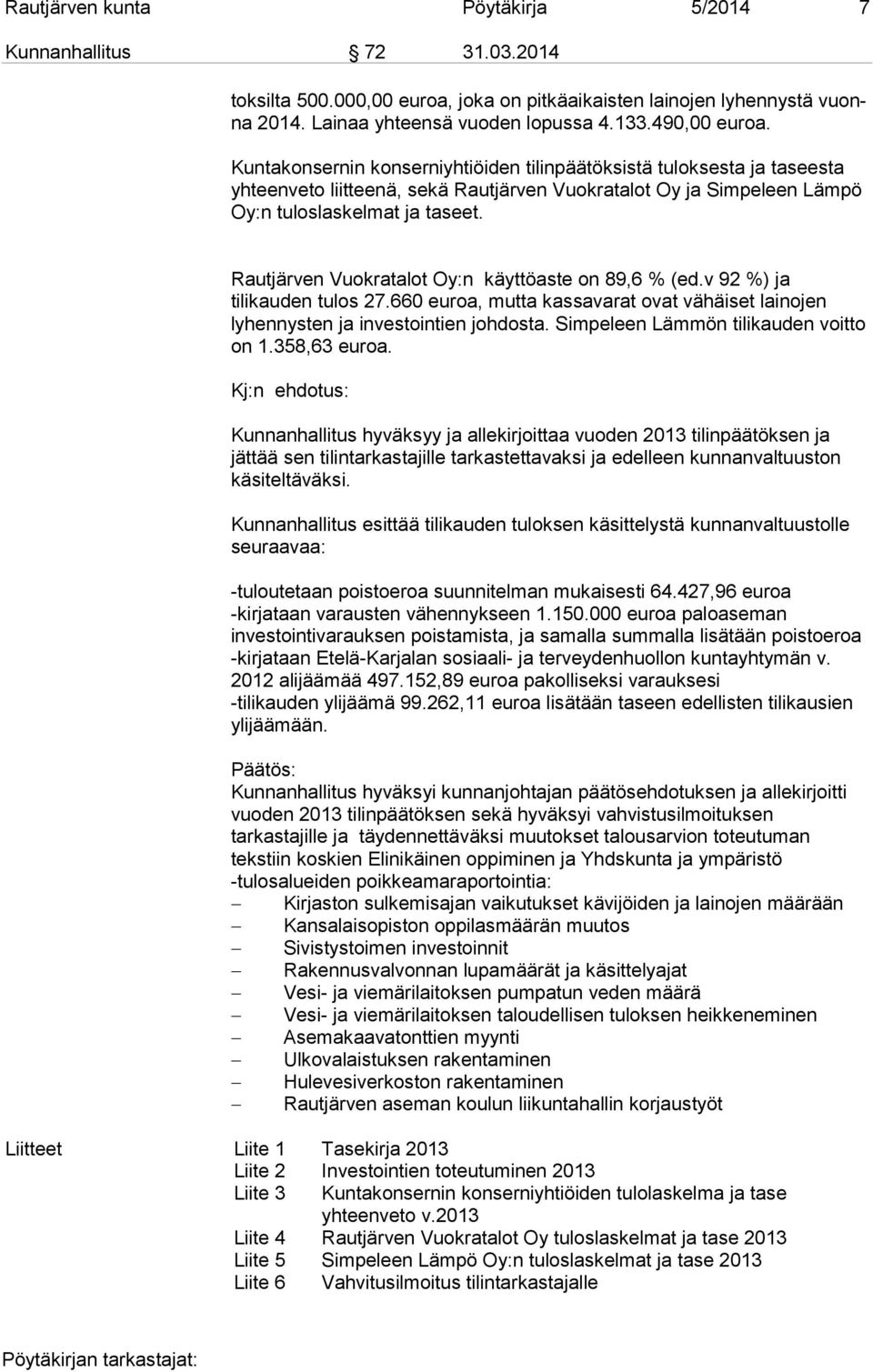 Rautjärven Vuokratalot Oy:n käyttöaste on 89,6 % (ed.v 92 %) ja tilikauden tulos 27.660 euroa, mutta kassavarat ovat vähäiset lainojen lyhennysten ja investointien johdosta.