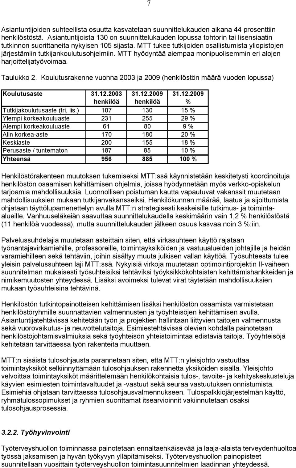 MTT tukee tutkijoiden osallistumista yliopistojen järjestämiin tutkijankoulutusohjelmiin. MTT hyödyntää aiempaa monipuolisemmin eri alojen harjoittelijatyövoimaa. Taulukko 2.