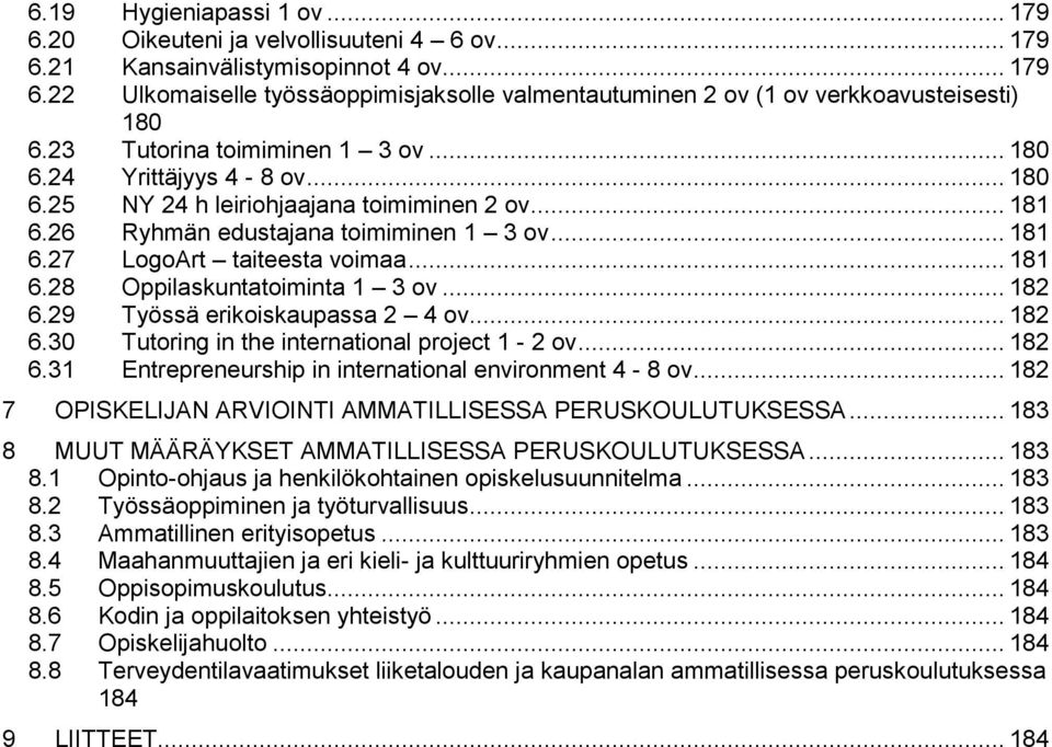 .. 181 6.28 Oppilaskuntatoiminta 1 3 ov... 182 6.29 Työssä erikoiskaupassa 2 4 ov... 182 6.30 Tutoring in the international project 1-2 ov... 182 6.31 Entrepreneurship in international environment 4-8 ov.