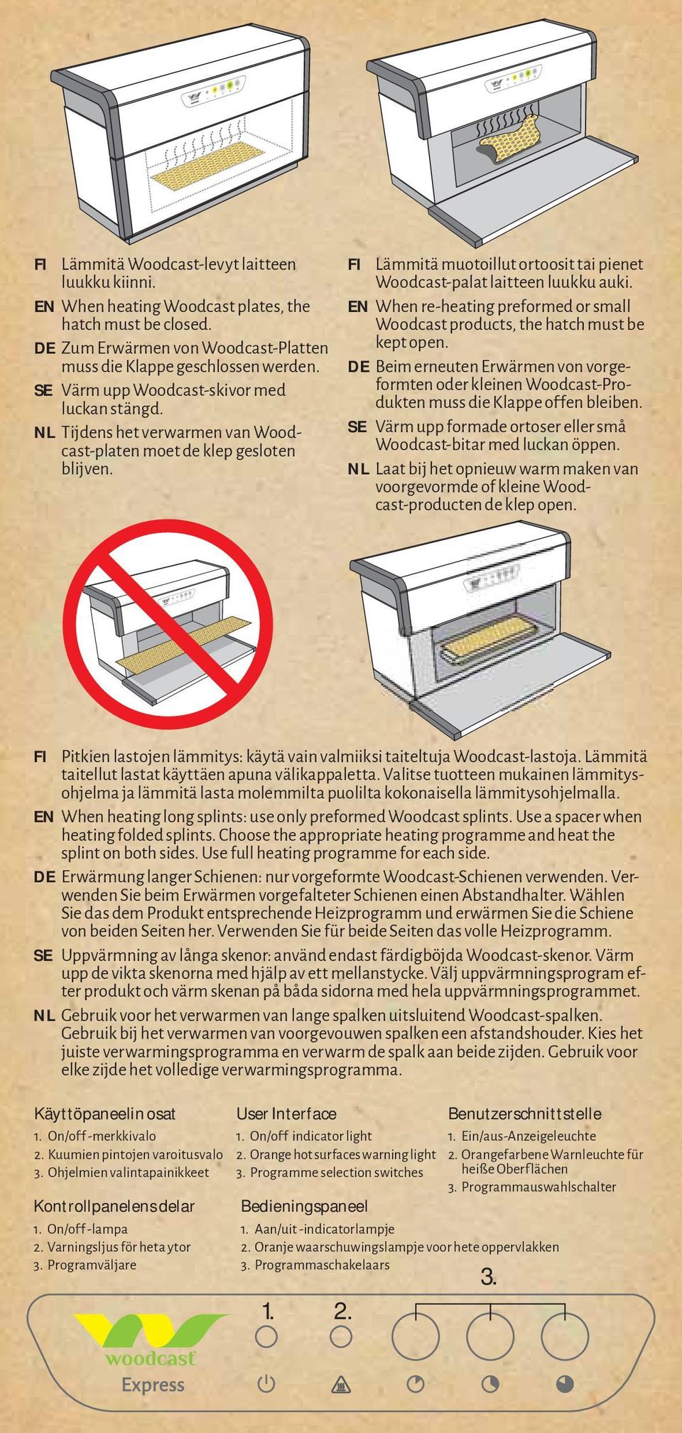 FI Lämmitä muotoillut ortoosit tai pienet Woodcast-palat laitteen luukku auki. EN When re-heating preformed or small Woodcast products, the hatch must be kept open.