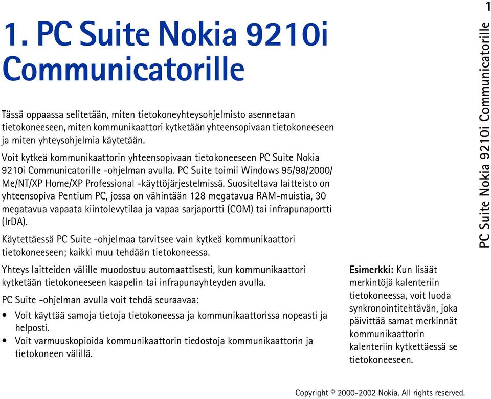 PC Suite toimii Windows 95/98/2000/ Me/NT/XP Home/XP Professional -käyttöjärjestelmissä.