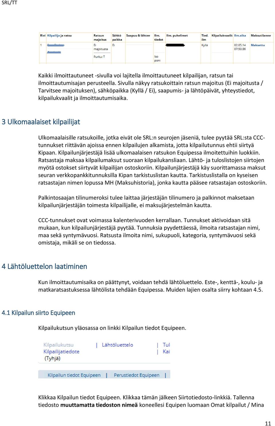 3 Ulkomaalaiset kilpailijat Ulkomaalaisille ratsukoille, jotka eivät ole SRL:n seurojen jäseniä, tulee pyytää SRL:sta CCCtunnukset riittävän ajoissa ennen kilpailujen alkamista, jotta kilpailutunnus