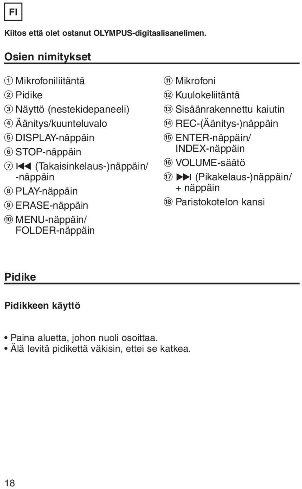 -näppäin * PLAY-näppäin ( ERASE-näppäin ) MENU-näppäin/ FOLDER-näppäin 1 Mikrofoni 2 Kuulokeliitäntä 3 Sisäänrakennettu kaiutin 4