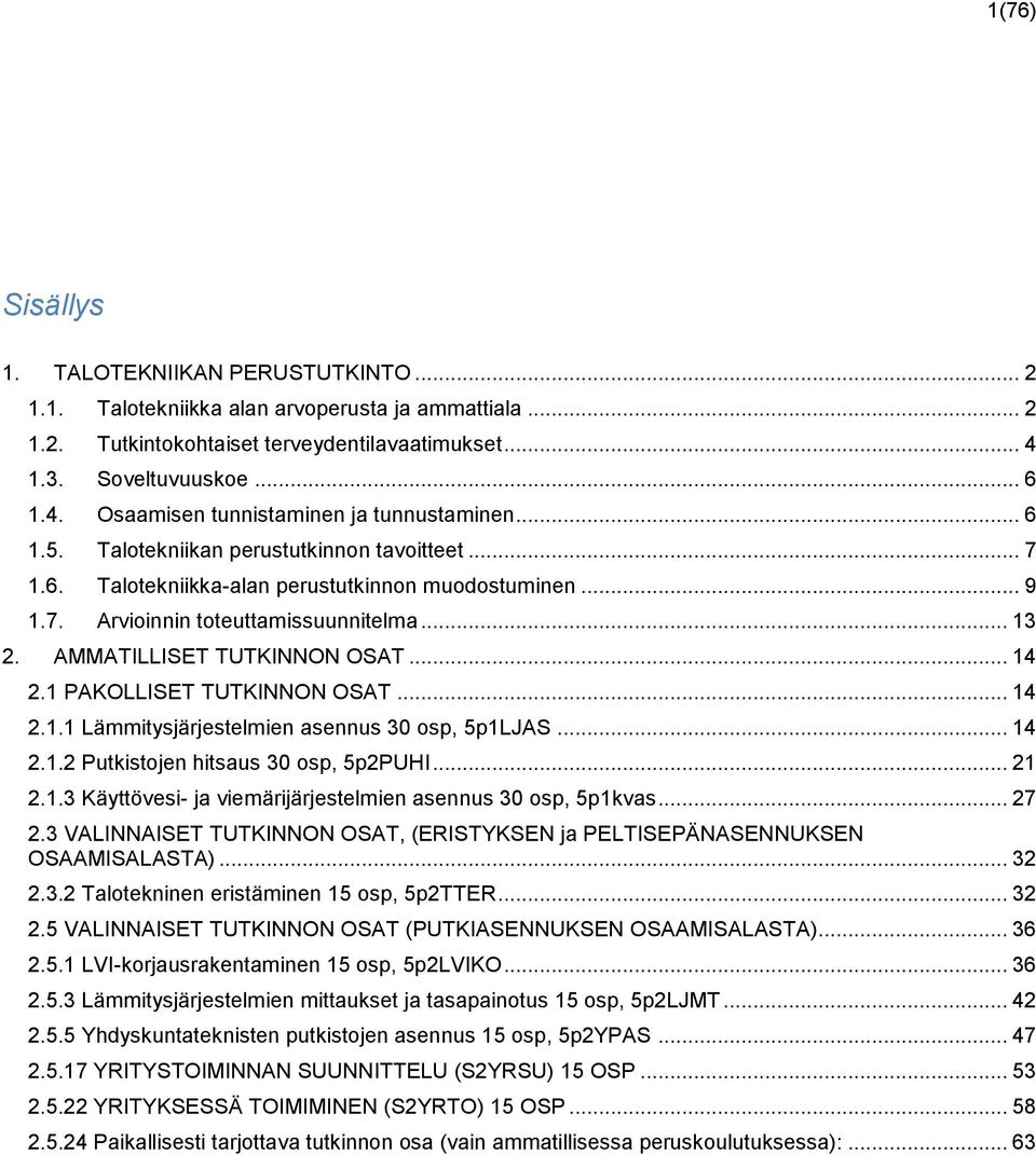 .. 13 2. AMMATILLISET TUTKINNON OSAT... 14 2.1 PAKOLLISET TUTKINNON OSAT... 14 2.1.1 Lämmitysjärjestelmien asennus 30 osp, 5p1LJAS... 14 2.1.2 Putkistojen hitsaus 30 osp, 5p2PUHI... 21 2.1.3 Käyttövesi- ja viemärijärjestelmien asennus 30 osp, 5p1kvas.