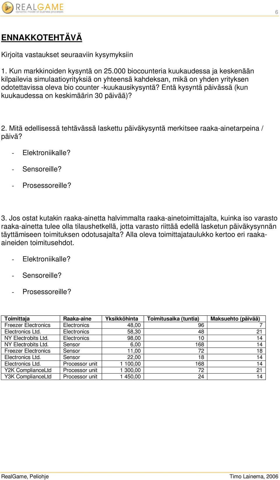 Entä kysyntä päivässä (kun kuukaudessa on keskimäärin 30 päivää)? 2. Mitä edellisessä tehtävässä laskettu päiväkysyntä merkitsee raaka-ainetarpeina / päivä? - Elektroniikalle? - Sensoreille?