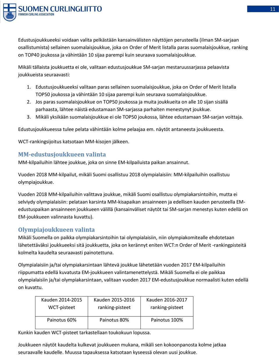 Mikäli tällaista joukkuetta ei ole, valitaan edustusjoukkue SM-sarjan mestaruussarjassa pelaavista joukkueista seuraavasti: 1.