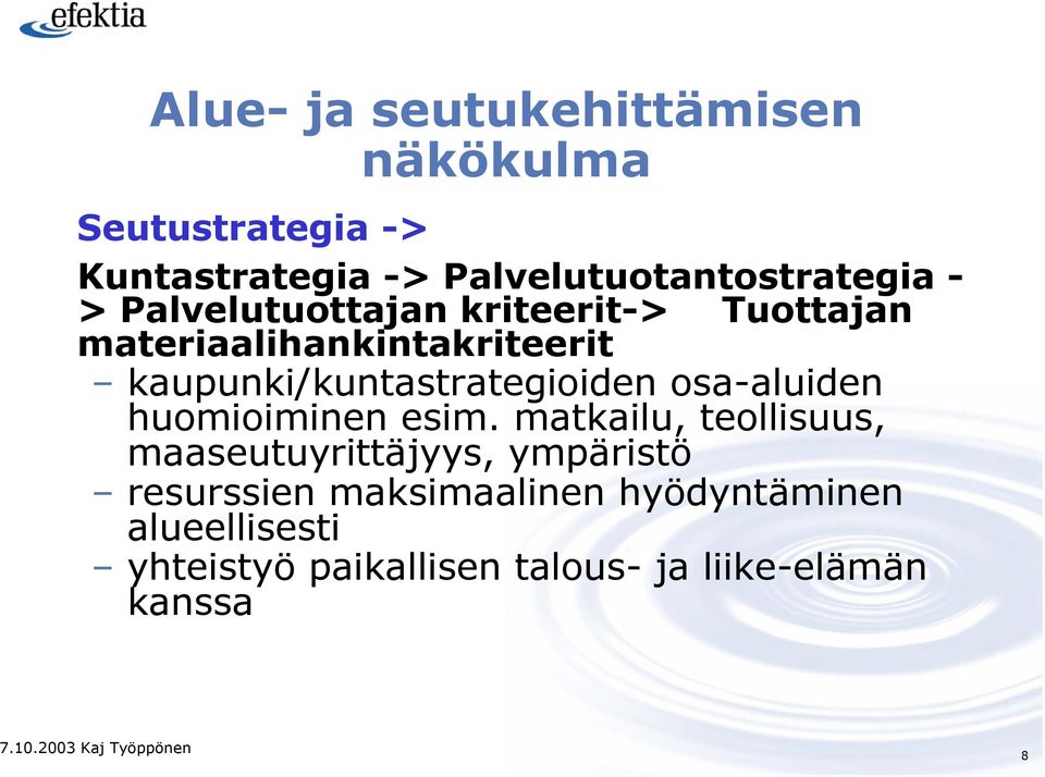 kaupunki/kuntastrategioiden osa-aluiden huomioiminen esim.