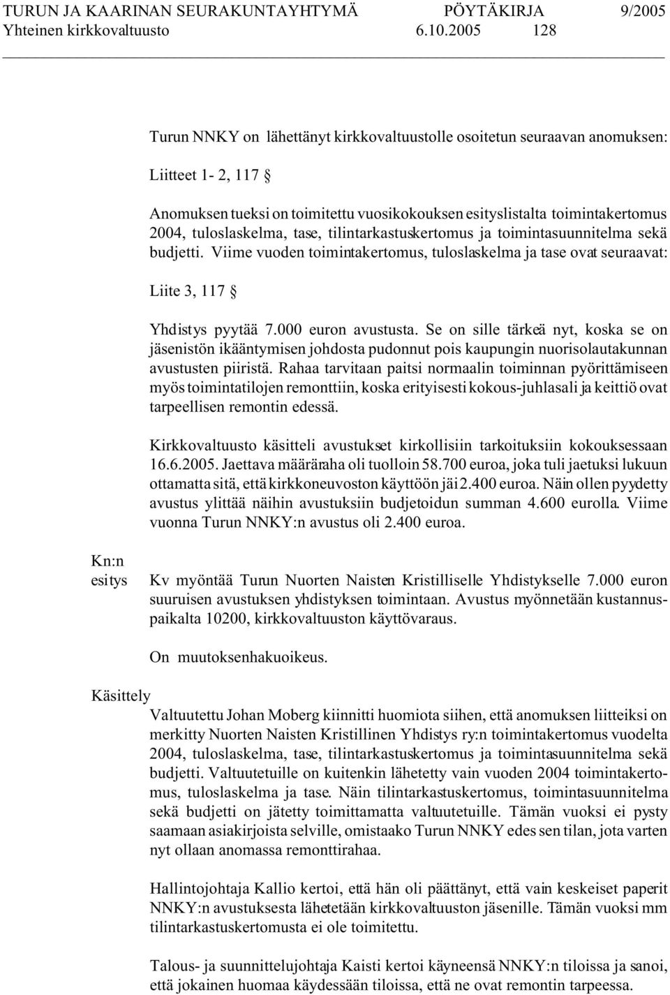 tuloslaskelma, tase, tilintarkastuskertomus ja toimintasuunnitelma sekä budjetti. Viime vuoden toimintakertomus, tuloslaskelma ja tase ovat seuraavat: Liite 3, 117 Yhdistys pyytää 7.