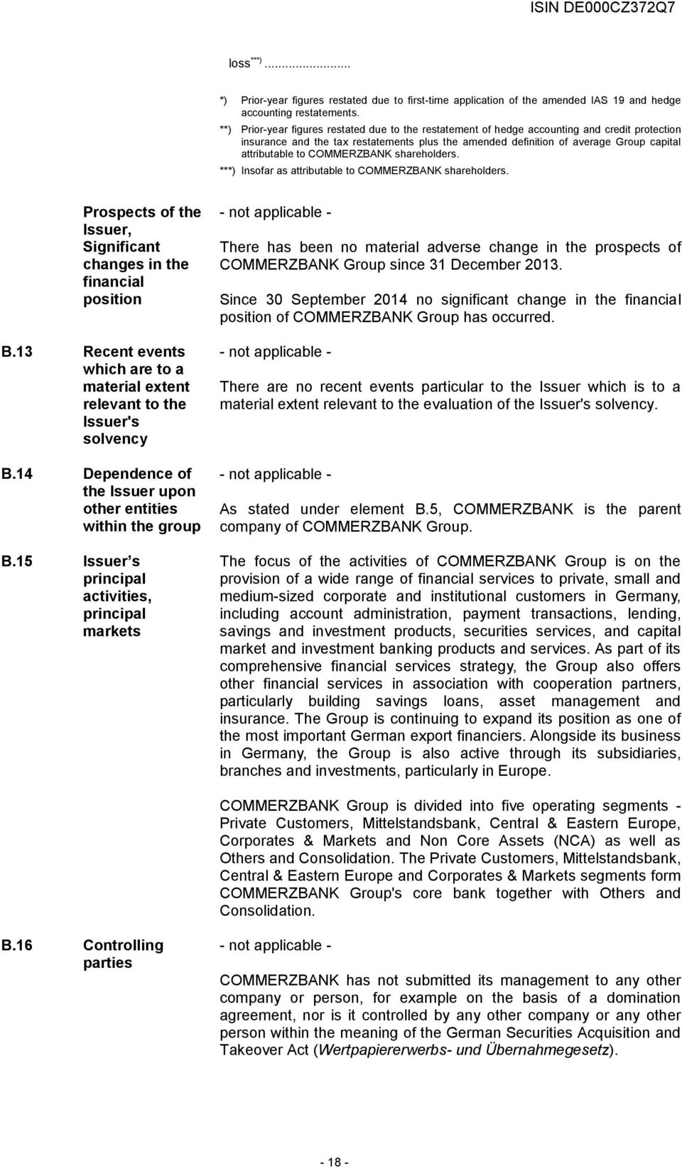 to COMMERZBANK shareholders. ***) Insofar as attributable to COMMERZBANK shareholders. Prospects of the Issuer, Significant changes in the financial position B.