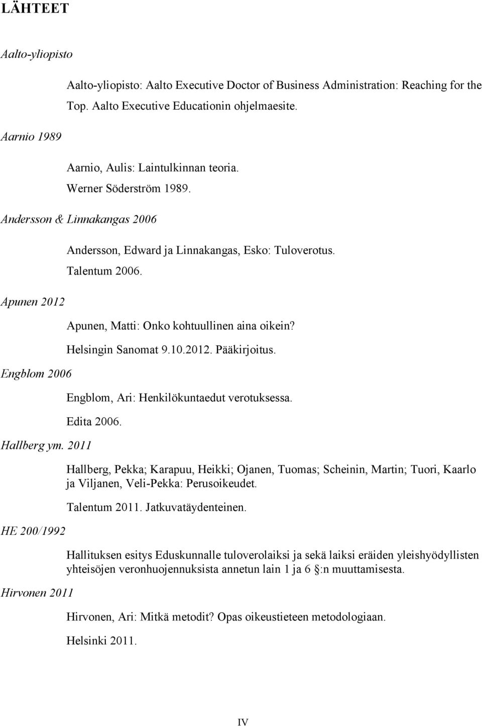 2011 HE 200/1992 Hirvonen 2011 Andersson, Edward ja Linnakangas, Esko: Tuloverotus. Talentum 2006. Apunen, Matti: Onko kohtuullinen aina oikein? Helsingin Sanomat 9.10.2012. Pääkirjoitus.