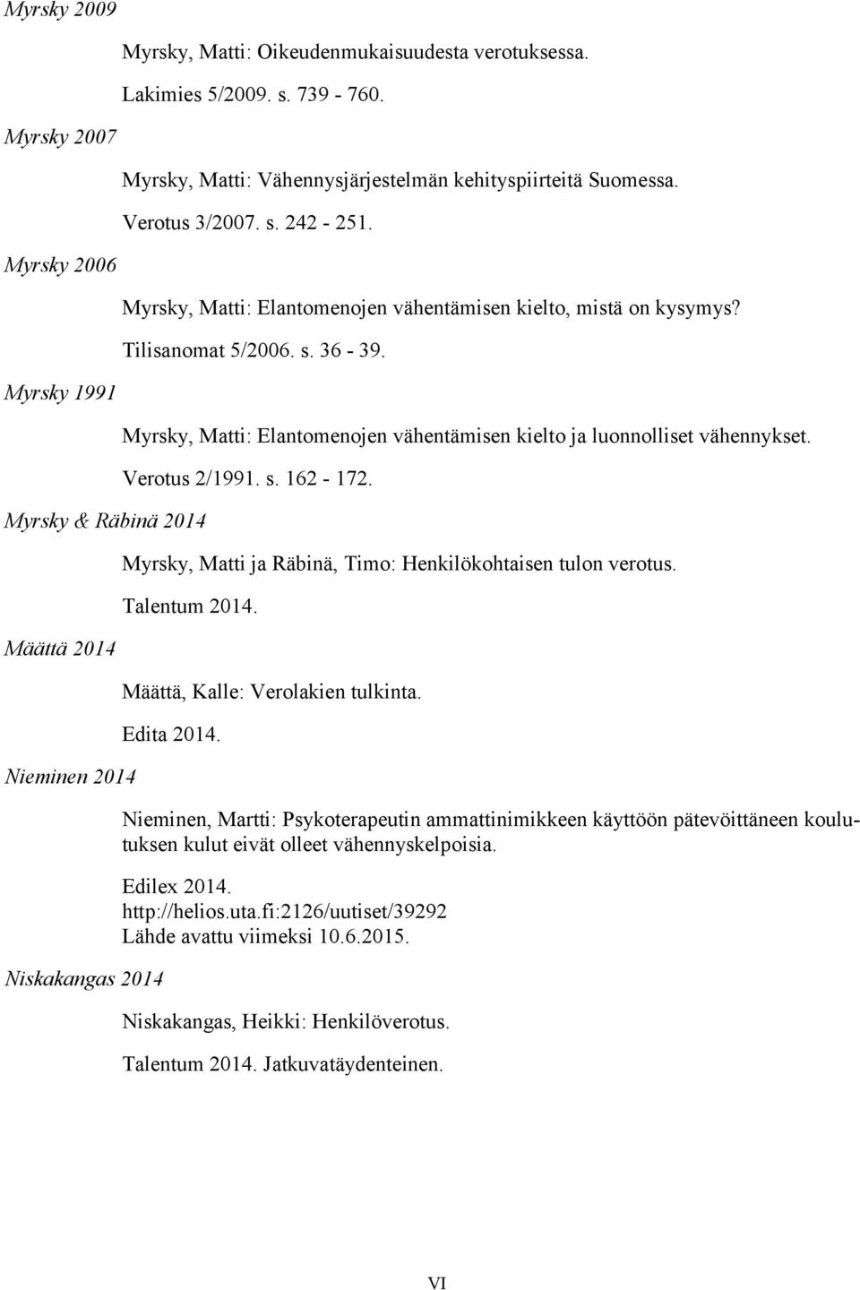 Myrsky 1991 Myrsky & Räbinä 2014 Määttä 2014 Nieminen 2014 Niskakangas 2014 Myrsky, Matti: Elantomenojen vähentämisen kielto ja luonnolliset vähennykset. Verotus 2/1991. s. 162-172.