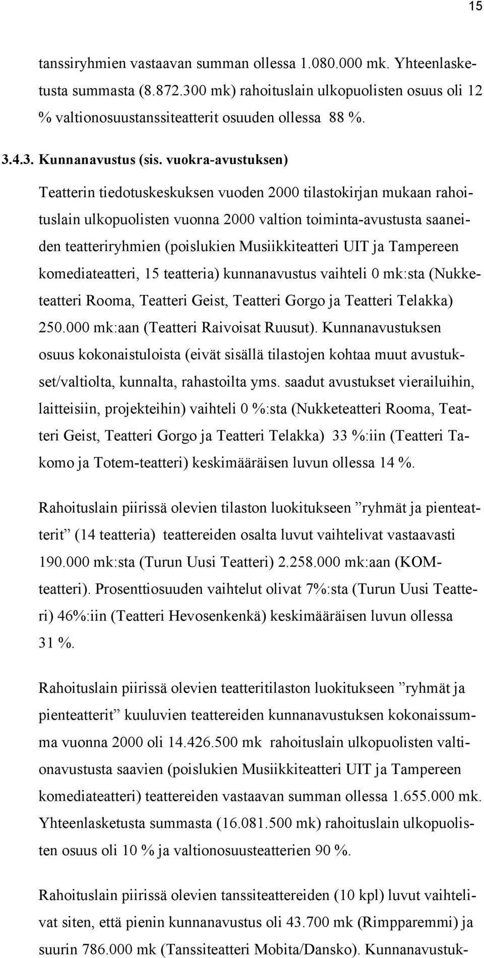 Musiikkiteatteri UIT ja Tampereen komediateatteri, 15 teatteria) kunnanavustus vaihteli 0 mk:sta (Nukketeatteri Rooma, Teatteri Geist, Teatteri Gorgo ja Teatteri Telakka) 250.