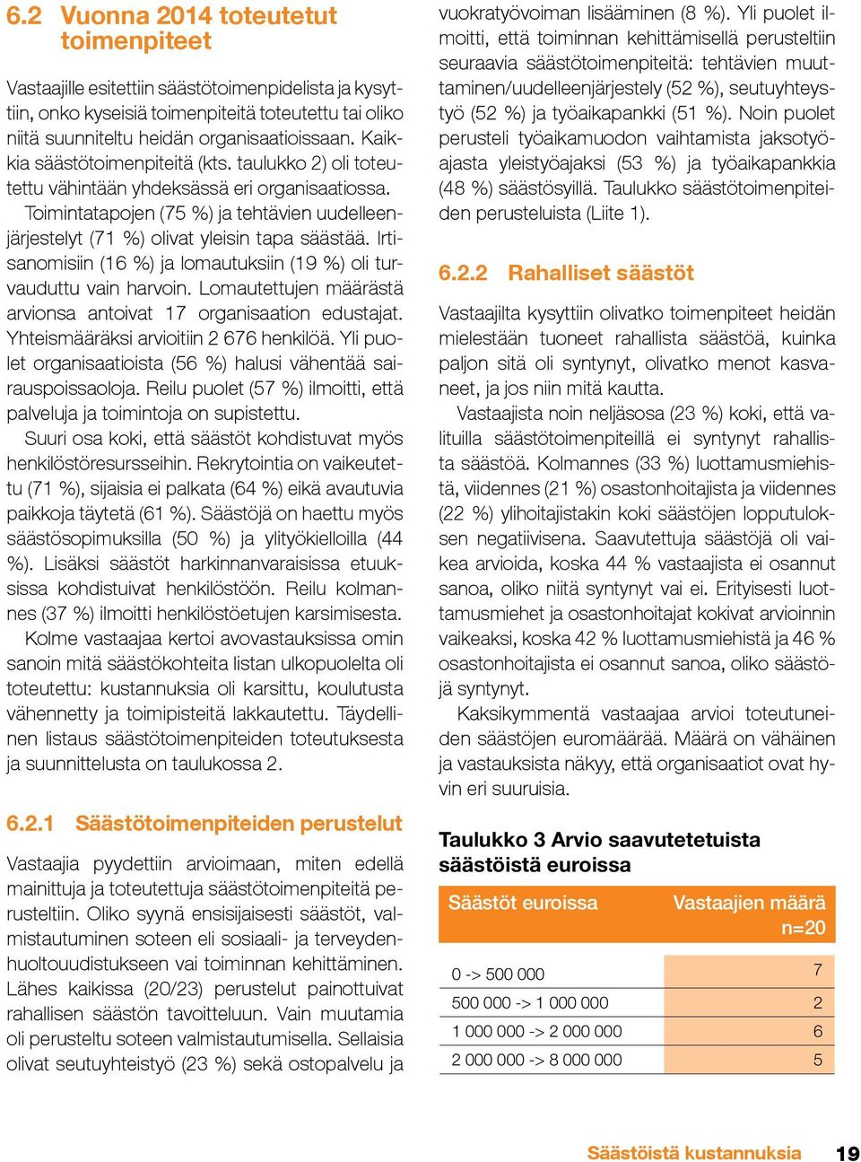 Irtisanomisiin (16 %) ja lomautuksiin (19 %) oli turvauduttu vain harvoin. Lomautettujen määrästä arvionsa antoivat 17 organisaation edustajat. Yhteismääräksi arvioitiin 2 676 henkilöä.